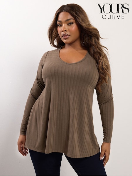 Yours Curve Brown Long Sleeve Ribbed Swing T-Shirt (V08410) | 109 QAR