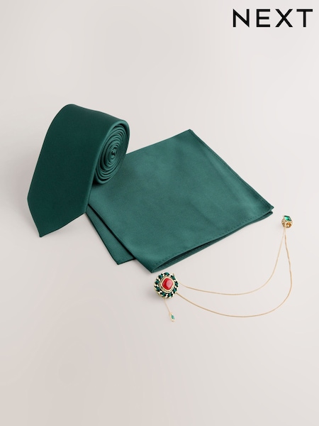 Forest Green Tie Pocket Square and Brooch Set (V08478) | AED96