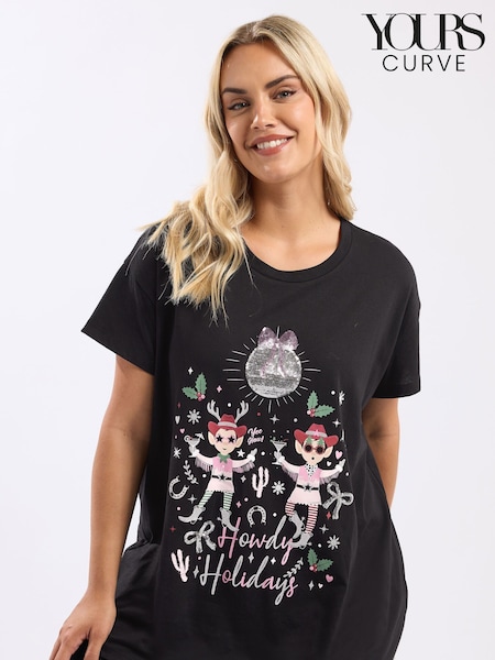 Yours Curve Black Short Sleeve Novelty Howdy T-Shirt (V08506) | R$ 195