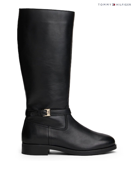 Tommy Hilfiger Black Leather TH Monogram Buckle Riding Boots (V08717) | €278