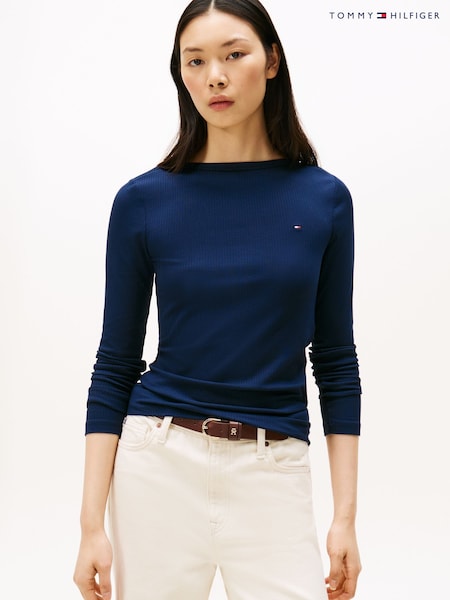 Tommy Hilfiger Blue Ribbed Slim Boat Neck T-Shirt (V08897) | AED379