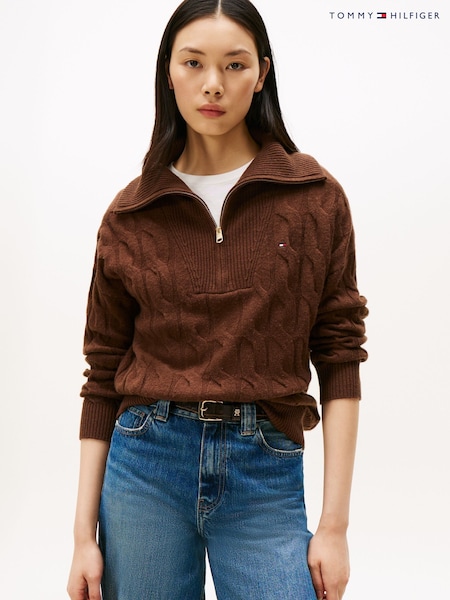 Tommy Hilfiger Brown Half-Zip Cable Knit Soft Wool Jumper (V08928) | €212
