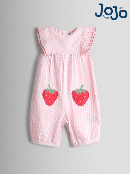 JoJo Maman Bébé Pink Strawberry Frill Shoulder Appliqué Pocket Romper (V08986) | AED146 - AED151