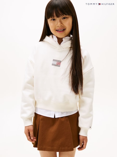 Tommy Hilfiger White Diamanté Flag Relaxed Fleece Hoodie (V09254) | AED320 - AED379