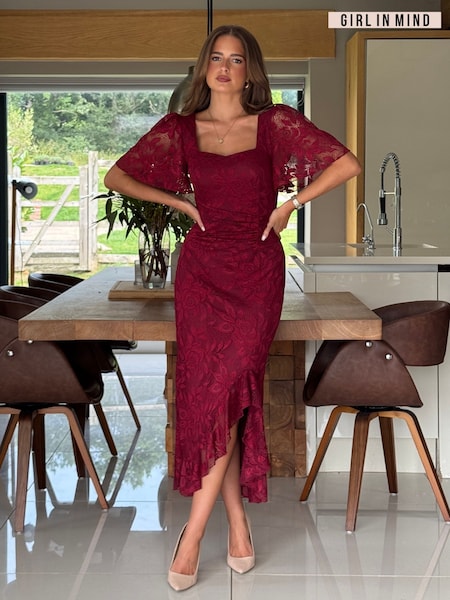 Girl In Mind Red Heidi Lace Ruched Midi Dress (V09287) | €66