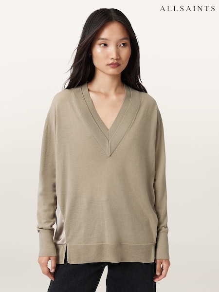 Cinza - AllSaints Bern Panel V-Neck Jumper (V09340) | R$ 1.375
