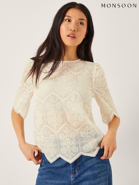 Monsoon Cream Clara Sheer Embroidered Top (V09347) | €78