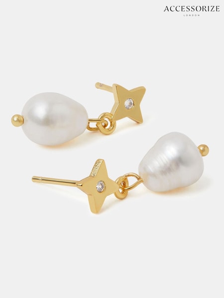 Accessorize Gold Plated 14ct Star Pearl Drop Earrings (V09454) | €24
