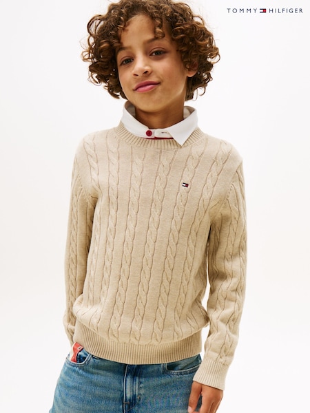 Tommy Hilfiger Cream Cable Knit Crew Neck Jumper (V09555) | AED291 - AED349