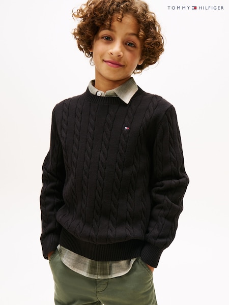 Tommy Hilfiger Black Cable Knit Crew Neck Jumper (V09556) | AED291 - AED349
