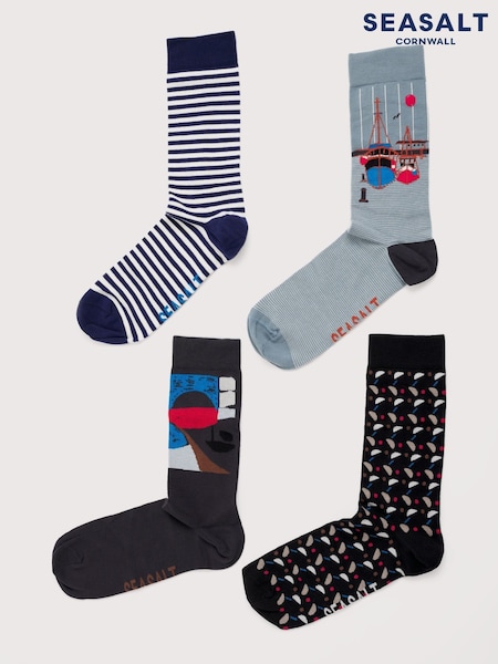 Seasalt Cornwall Blue Gift Box of 4 Mens Boat Sailor Socks (V09664) | €44