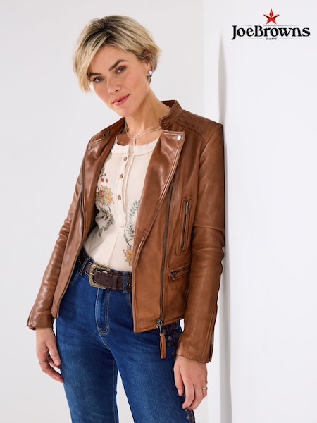 Joe Browns Brown Collarless Leather Biker Jacket (V09810) | €260