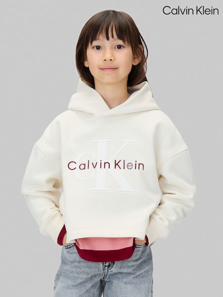 Calvin Klein Cream Fleece Logo Hoodie (V09999) | AED466