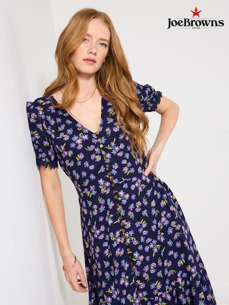 Joe Browns Blue Petite Puff Sleeve V-Neck Midi Dress (V10105) | €86