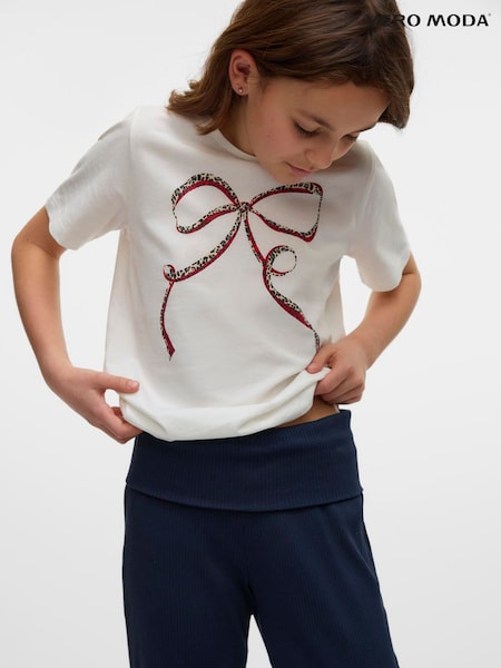VERO MODA White Bow Graphic Short Sleeve T-Shirt (V10191) | 69 QAR