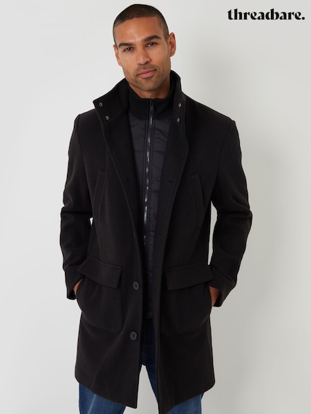 Threadbare Black Faux Wool Mock Layer Longline Utility Coat (V10201) | R$ 870