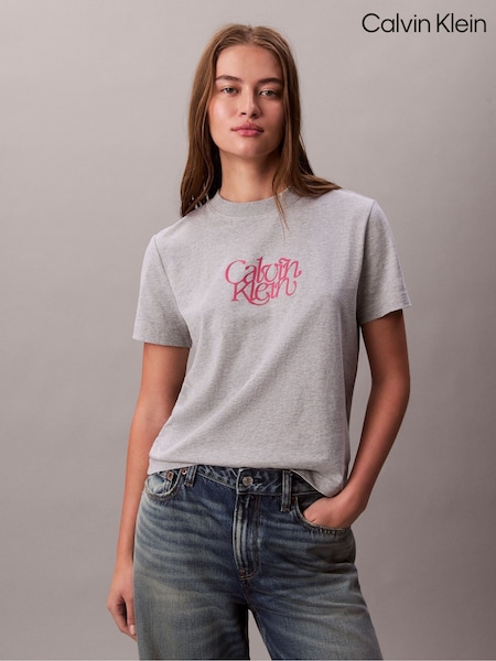 Calvin Klein Grey Script Logo Graphic Slim T-Shirt (V10319) | €51