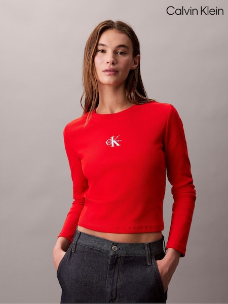 Vermelho - Calvin Klein Monogram Logo Long Sleeve Baby T-Shirt (V10344) | R$ 545