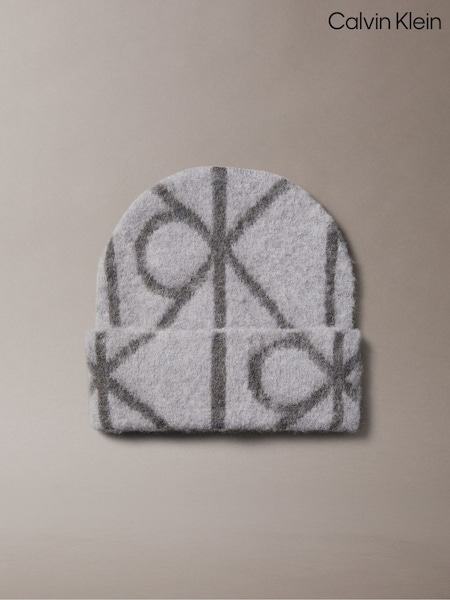 Calvin Klein Grey Warm Wool Blend Logo Beanie (V10570) | AED379