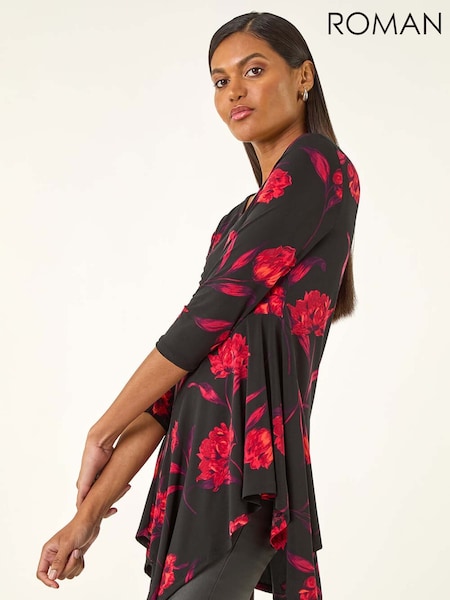 Roman Red Floral Print Asymmetric Stretch Tunic Top (V10624) | €45