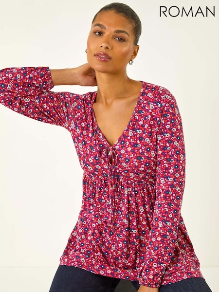 Roman Pink Floral Tie Front Stretch Blouse (V10625) | €53