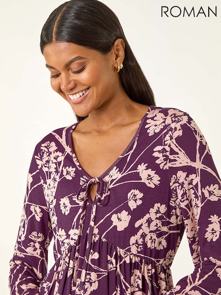 Roman Purple Floral Print Tie Front Stretch Blouse (V10627) | €57