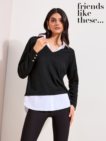 Negru - Friends Like These 2 in1 Button Shoulder Poplin Jersey Jumper (V10793) | 290 LEI