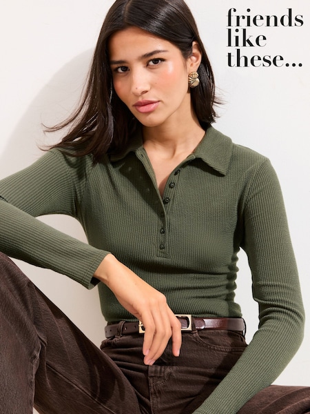 Khaki Grønn - Friends Like These Crinkle Henley Top (V10802) | kr393