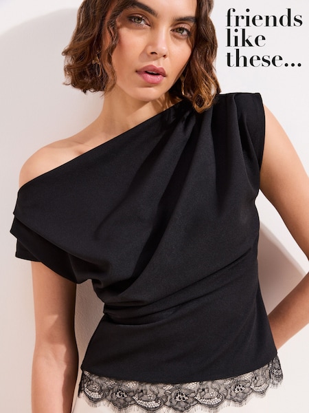Friends Like These Black Lace Hem Draped Off The Shoulder Top (V10821) | $65