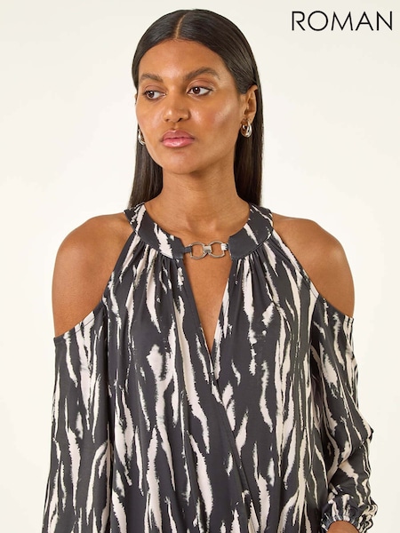 Roman Black Abstract Print Cold Shoulder Stretch Blouse (V10937) | €55