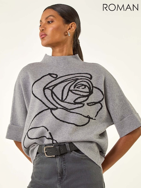 Roman Grey Rose Motif High Neck Knit Jumper (V10940) | €56
