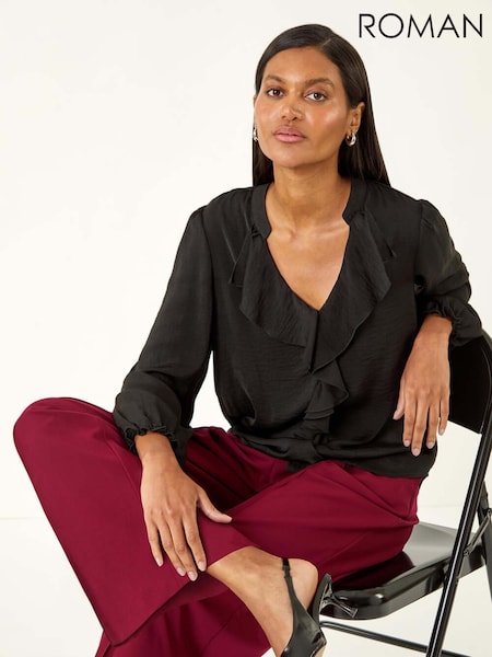 črna - Roman Satin Ruffle Neck Blouse (V10953) | € 59