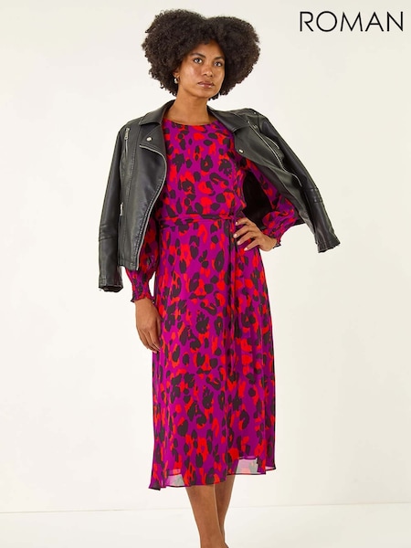 Roman Purple Animal Print Shirred Midi Dress (V10954) | €76