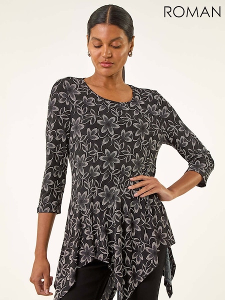 Roman Floral Print Asymmetric Tunic Top (V10955) | R$ 485
