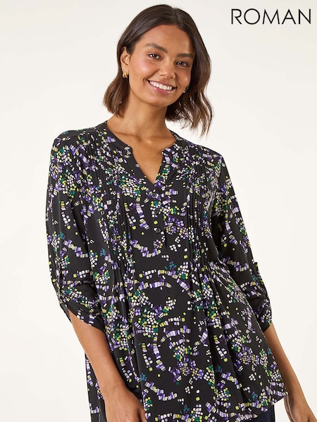 Roman Green Abstract Print Pintuck Stretch Blouse (V10964) | €56
