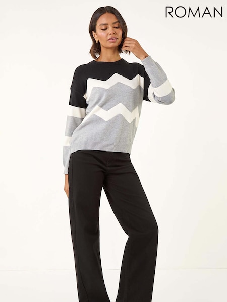 Roman Grey Colour Block Zig Zag Knit Jumper (V10965) | €60