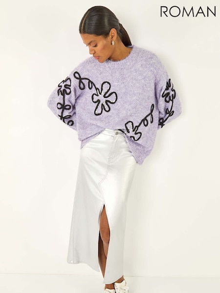 Roman Purple Sequin Floral Knit Jumper (V10968) | €60