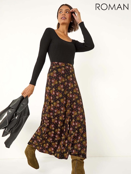 Roman Brown Floral Print Stretch Midi Skirt (V10972) | €42