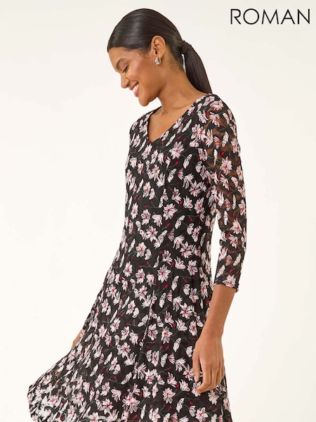 Roman Red Floral Print Lace Stretch Dress (V10973) | €66