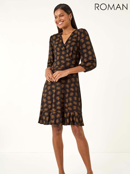 Roman Brown Leaf Print Wrap Stretch Dress (V10978) | €64