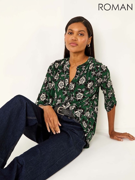 Roman Green Floral Puff Print Stretch Blouse (V10979) | €56