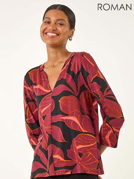 Roman Red Floral V-Neck Stretch Blouse (V10980) | €48
