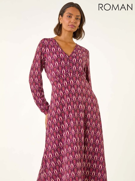 Roman Red Geo Print V-Neck Stretch Midi Dress (V10994) | €60