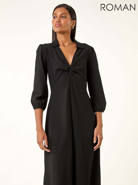 Roman Black Textured Collared Twist Front Dress (V10997) | €64