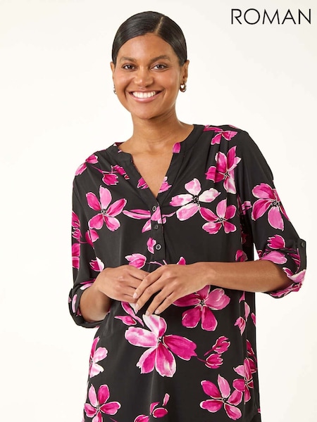 Roman Pink Floral Puff Print Stretch Blouse (V10998) | €56