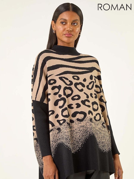 Roman Black Multi Animal Print High Neck Jumper (V11005) | €55