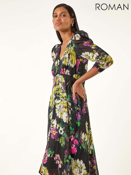 Roman Black Floral Print Chiffon Midi Dress (V11006) | €86