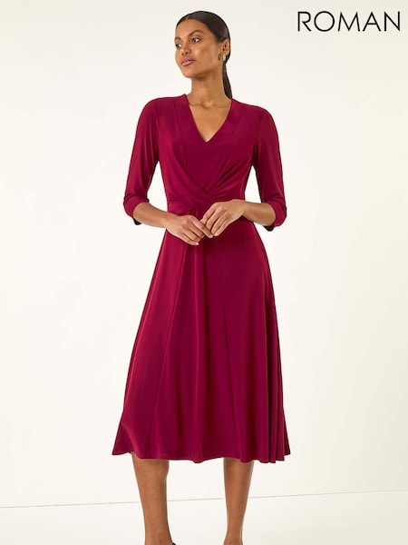 Wine Red - Roman Stretch Cross-over Midi Dress