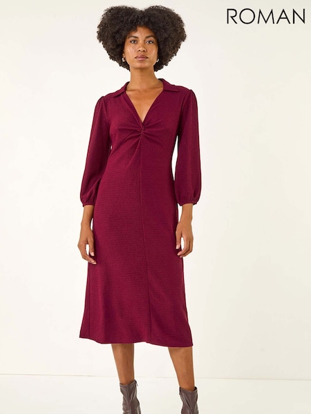 Roman Red Textured Collared Twist Front Dress (V11024) | €64