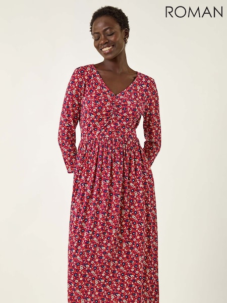 Roman Red Floral Ruched Midi Dress (V11093) | €60